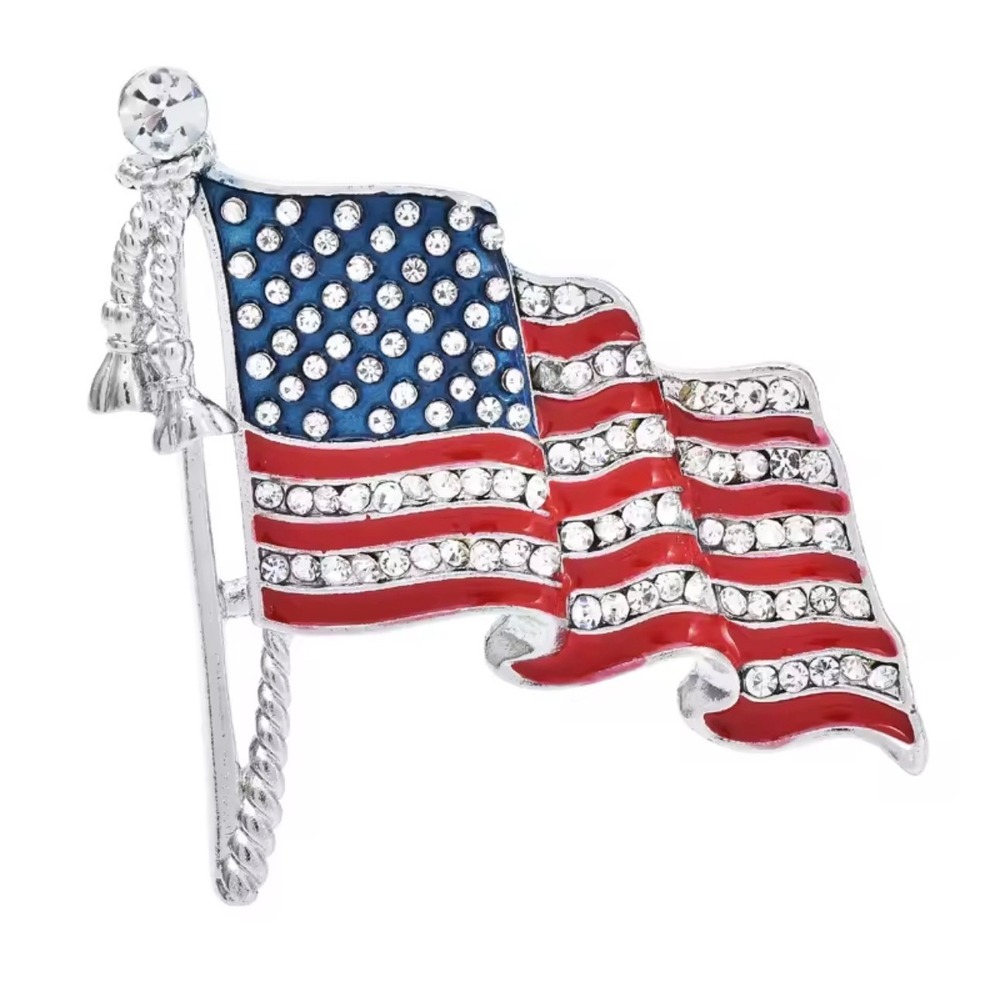 American Flag Brooch Rhinestone‎ Enamel Patriotic USA Waving Flag Pin Silver